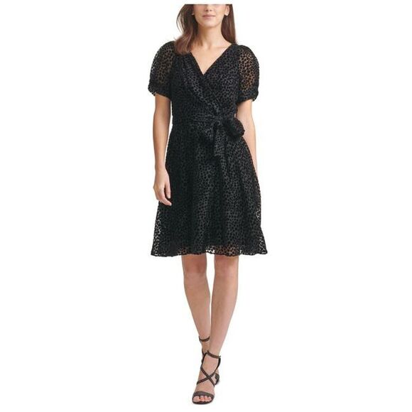 DKNY Women's Pleated Sleeve Fit & Flare Dress Black Size 12